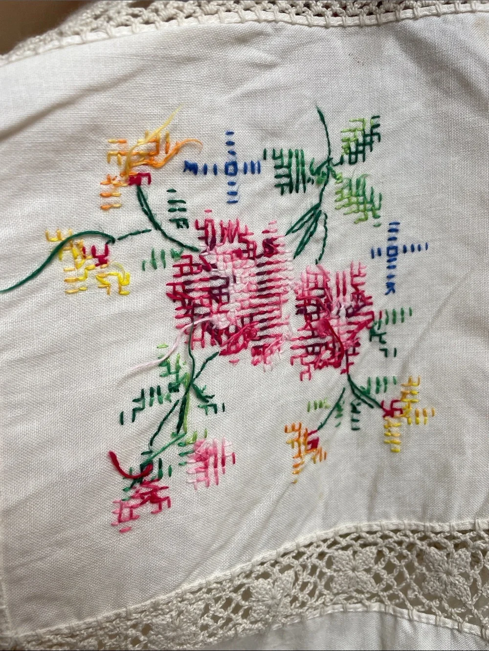 Handmade Cross-stitched Floral White Tablecloth with Crochet Trim Vintage